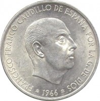 obverse of 100 Pesetas - Francisco Franco (1966) coin with KM# 797 from Spain. Inscription: FRANCISCO FRANCO CAUDILLO DE ESPANA POR LA G. DE DIOS 19 1966 66