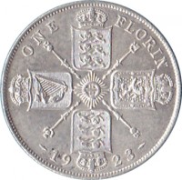 United Kingdom coin 1 Florin - George V (1920 - 1926) reverse reverse of 1 Florin - George V (1920 - 1926) coin with KM# 817a from United Kingdom. Inscription: ONE FLORIN 19 21