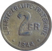 France coin 2 Francs (1944) reverse reverse of 2 Francs (1944) coin with KM# 905 from France. Inscription: LIBERTE-EGALITE-FRATERNITE 2FR · 1944 ·