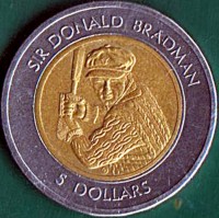 Australia coin 5 Dollars - Elizabeth II - Sir Donald Bradman - 3'rd Portrait (1996) reverse reverse of 5 Dollars - Elizabeth II - Sir Donald Bradman - 3'rd Portrait (1996) coin with KM# 311 from Australia. Inscription: SIR DONALD BRADMAN 5 DOLLARS