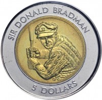 Australia coin 5 Dollars - Elizabeth II - Sir Donald Bradman - 3'rd Portrait (1996) reverse reverse of 5 Dollars - Elizabeth II - Sir Donald Bradman - 3'rd Portrait (1996) coin with KM# 311 from Australia. Inscription: SIR DONALD BRADMAN 5 DOLLARS