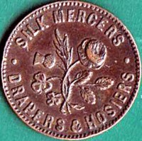 obverse of 1 Farthing - Victoria coin from Ireland. Inscription: SILK MERCERS DRAPERS & HOSIERS