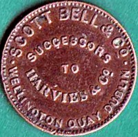 reverse of 1 Farthing - Victoria coin from Ireland. Inscription: SCOTT BELL & Co SUCCESSORS TO HARVIES & Co WELLINGTON QUAY DUBLIN