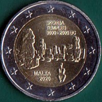 obverse of 2 Euro - Unesco World Heritage Site: pre-historic temples of Skorba (2020) coin from Malta. Inscription: SKORBA TEMPLES 3600-2500 BC NGB MALTA 2020