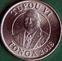 obverse of 5 Seniti - Tupou VI (2018) coin from Tonga. Inscription: TUPOU VI TONGA 2018