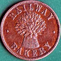 obverse of 1 Farthing - Victoria (1847) coin from Ireland. Inscription: RAILWAY BAKERY