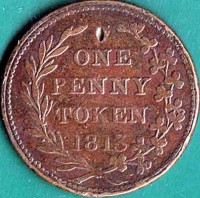 United Kingdom coin 1 Penny - George III (1813) reverse reverse of 1 Penny - George III (1813) coin from United Kingdom. Inscription: ONE PENNY TOKEN 1813