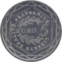 reverse of 5 Euro - La Semeuse (2008) coin with KM# 1534 from France. Inscription: LIBERTÉ ÉGALITÉ FRATERNITÉ EURO 5