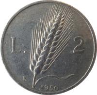 Italy coin 2 Lire (1946 - 1950) reverse reverse of 2 Lire (1946 - 1950) coin with KM# 88 from Italy. Inscription: L. 2 R 1948
