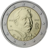 obverse of 2 Euro - Giovanni Pascoli (2012) coin with KM# 355 from Italy. Inscription: 1912 2012 R RI M.C.C. G. PASCOLI