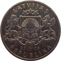 Latvia coin 1 Lats - Rooster of St. Peter's Church (2005) obverse obverse of 1 Lats - Rooster of St. Peter's Church (2005) coin with KM# 65 from Latvia. Inscription: LATVIJAS 20 05 REPUBLIKA
