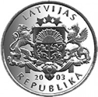obverse of 1 Lats (2003) coin with KM# 58 from Latvia. Inscription: LATVIJAS REPUBLIKA 20 03
