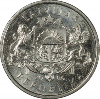 Latvia coin 1 Lats - Pinecone (2006) obverse obverse of 1 Lats - Pinecone (2006) coin with KM# 74 from Latvia. Inscription: LATVIJAS 20 06 REPUBLIKA