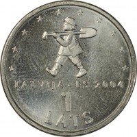 Latvia coin 1 Lats - Sprīdītis (2004) reverse reverse of 1 Lats - Sprīdītis (2004) coin with KM# 61 from Latvia. Inscription: LATVIJA - ES 2004 1 LATS