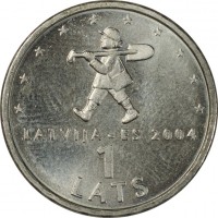 reverse of 1 Lats - Sprīdītis (2004) coin with KM# 61 from Latvia. Inscription: LATVIJA - ES 2004 1 LATS