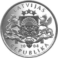 Latvia coin 1 Lats - Mushroom (2004) obverse obverse of 1 Lats - Mushroom (2004) coin with KM# 67 from Latvia. Inscription: LATVIJAS 20 04 REPUBLIKA