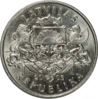 Latvia coin 1 Lats - Pretzel (2005) obverse obverse of 1 Lats - Pretzel (2005) coin with KM# 66 from Latvia. Inscription: LATVIJAS 20 05 REPUBLIKA