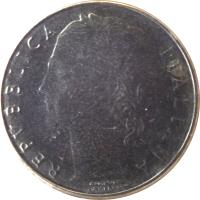 obverse of 100 Lire - Smaller (1990 - 1992) coin with KM# 96.2 from Italy. Inscription: REPVBBLICA ITALIANA ROMAGNOLI GIAMPAOLI INC.