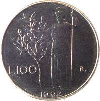 reverse of 100 Lire - Smaller (1990 - 1992) coin with KM# 96.2 from Italy. Inscription: L.100 R 1992