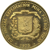 Dominican Republic coin 100 Pesos - Taino Art (1975) obverse obverse of 100 Pesos - Taino Art (1975) coin with KM# 39 from Dominican Republic. Inscription: ORO INICIAL EXPLOTACION MINA PUEBLO VIEJO DIOS PATRIA LIBERTAD REPUBLICA DOMINICANA 1975