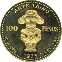 reverse of 100 Pesos - Taino Art (1975) coin with KM# 39 from Dominican Republic. Inscription: ARTE TAINO 100 PESOS 10 GRAMOS - 1975 - LEY 900