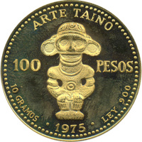 Dominican Republic coin 100 Pesos - Taino Art (1975) reverse reverse of 100 Pesos - Taino Art (1975) coin with KM# 39 from Dominican Republic. Inscription: ARTE TAINO 100 PESOS 10 GRAMOS - 1975 - LEY 900