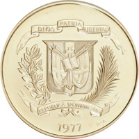 obverse of 200 Pesos - Centennial - Death of Juan Pablo Duarte (1977) coin with KM# 47 from Dominican Republic.