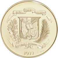 Dominican Republic coin 200 Pesos - Centennial - Death of Juan Pablo Duarte (1977) obverse obverse of 200 Pesos - Centennial - Death of Juan Pablo Duarte (1977) coin with KM# 47 from Dominican Republic.