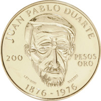reverse of 200 Pesos - Centennial - Death of Juan Pablo Duarte (1977) coin with KM# 47 from Dominican Republic.