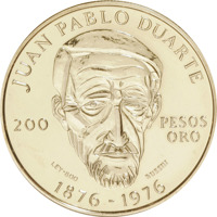 Dominican Republic coin 200 Pesos - Centennial - Death of Juan Pablo Duarte (1977) reverse reverse of 200 Pesos - Centennial - Death of Juan Pablo Duarte (1977) coin with KM# 47 from Dominican Republic.