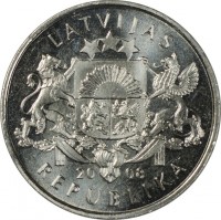 obverse of 1 Lats - Chimney-sweep (2008) coin with KM# 107 from Latvia. Inscription: LATVIJAS 20 08 REPUBLIKA