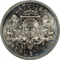 obverse of 1 Lats - Horseshoe - Downwards (2010) coin with KM# 118 from Latvia. Inscription: LATVIJAS 20 10 REPUBLIKA
