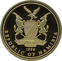 Namibia coin 100 Dollars - Marine Life Protection (1998) obverse obverse of 100 Dollars - Marine Life Protection (1998) coin with KM# 15 from Namibia. Inscription: 1998 REPUBLIC OF NAMIBIA