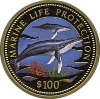 Namibia coin 100 Dollars - Marine Life Protection (1998) reverse reverse of 100 Dollars - Marine Life Protection (1998) coin with KM# 15 from Namibia. Inscription: MARINE LIFE PROTECTION $ 100