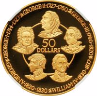 Cayman Islands coin 50 Dollars - Elizabeth II - House of Hanover (1979) reverse reverse of 50 Dollars - Elizabeth II - House of Hanover (1979) coin from Cayman Islands. Inscription: GEORGE·I·1714-1727 GEORGE·II·1727-1760 GEORGE·III·1760-1820 50 DOLLARS GEORGE·IV·1820-1830 WILLIAM·IV·1830-1837