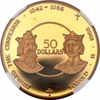 Cayman Islands coin 50 Dollars - Elizabeth II - Saxon Kings (1979) reverse reverse of 50 Dollars - Elizabeth II - Saxon Kings (1979) coin from Cayman Islands. Inscription: EDWARD THE CONFESSOR · 1042 - 1066 50 DOLLARS HAROLD II · II · 1066