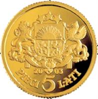 obverse of 5 Lati - Commemorative coin Five lats (2003) coin with KM# 59 from Latvia. Inscription: PIECI 5 LATI 20 03