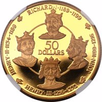 Cayman Islands coin 50 Dollars - Elizabeth II - Plantagenet Kings I (1979) reverse reverse of 50 Dollars - Elizabeth II - Plantagenet Kings I (1979) coin from Cayman Islands. Inscription: HENRY·II·1154-1189 RICHARD·I·1189-1199 50 DOLLARS HENRY·III·1216-1272 JOHN·1199-1216