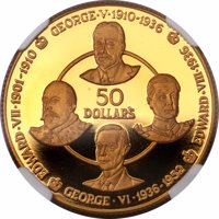 Cayman Islands coin 50 Dollars - Elizabeth II - House of Saxe-Coburg and Windsor (1980) reverse reverse of 50 Dollars - Elizabeth II - House of Saxe-Coburg and Windsor (1980) coin from Cayman Islands. Inscription: EDWARD·VII·1901-1910 GEORGE·V·1910-1936 50 DOLLARS GEORGE·VI·1936-1952 EDWARD·VIII·1936