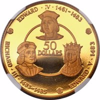 Cayman Islands coin 50 Dollars - Elizabeth II - House of York (1979) reverse reverse of 50 Dollars - Elizabeth II - House of York (1979) coin from Cayman Islands. Inscription: EDWARD · IV ·1461-1483 RICHARD · III ·1483-1485 EDWARD · V ·1483