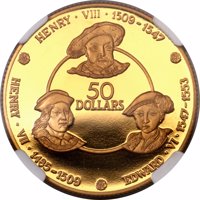 Cayman Islands coin 50 Dollars - Elizabeth II - House of Tudor (1979) reverse reverse of 50 Dollars - Elizabeth II - House of Tudor (1979) coin from Cayman Islands. Inscription: HENRY · VIII · 1509-1547 50 DOLLARS HENRY · VII · 1485-1509 EDWARD · VI · 1547-1553