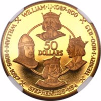 Cayman Islands coin 50 Dollars - Elizabeth II - Norman Kings (1979) reverse reverse of 50 Dollars - Elizabeth II - Norman Kings (1979) coin from Cayman Islands. Inscription: WILLIAM·II·1087-1100 50 DOLLARS WILLIAM·I·1066-1087 STEPHEN 1135-1154 HENRY·I·1100-1135