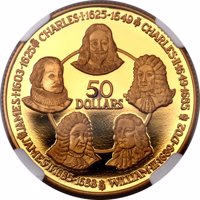 Cayman Islands coin 50 Dollars - Elizabeth II - House of Stuart and Orange (1979) reverse reverse of 50 Dollars - Elizabeth II - House of Stuart and Orange (1979) coin from Cayman Islands. Inscription: JAMES·I·1603-1625 CHARLES·I·1625-1649 CHARLES·II·1649-1685 50 DOLLARS JAMES·II·1685-1688 WILLIAM·III·1689-1702