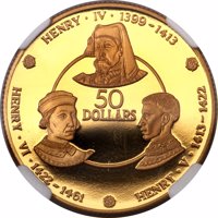 Cayman Islands coin 50 Dollars - Elizabeth II - House of Lancaster (1979) reverse reverse of 50 Dollars - Elizabeth II - House of Lancaster (1979) coin from Cayman Islands. Inscription: HENRY · IV · 1399-1413 50 DOLLARS HENRY · VI · 1422-1461 HENRY · V · 1413-1422