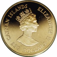 Cayman Islands coin 250 Dollars - Elizabeth II - 40th Anniversary of the Coronation of Queen Elizabeth II (1993) obverse obverse of 250 Dollars - Elizabeth II - 40th Anniversary of the Coronation of Queen Elizabeth II (1993) coin with KM# 113 from Cayman Islands. Inscription: CAYMAN ISLANDS ELIZABETH II · 250 DOLLARS ·