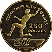 Cayman Islands coin 250 Dollars - Elizabeth II - Commonwealth Games (1986) reverse reverse of 250 Dollars - Elizabeth II - Commonwealth Games (1986) coin with KM# 84 from Cayman Islands. Inscription: COMMONWEALTH GAMES 250 DOLLARS