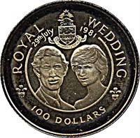 Cayman Islands coin 100 Dollars - Elizabeth II - Wedding of Prince Charles and Lady Diana (1981) reverse reverse of 100 Dollars - Elizabeth II - Wedding of Prince Charles and Lady Diana (1981) coin with KM# 69 from Cayman Islands. Inscription: ROYAL WEDDING 29th July 1981 100 DOLLARS