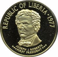 obverse of 100 Dollars - 130th Anniversary of the Republic (1977) coin with KM# 36 from Liberia. Inscription: REPUBLIC OF LIBERIA · 1977 JOSEPH J. ROBERTS FIRST PRESIDENT