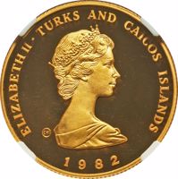 Turks and Caicos Islands coin 100 Crowns - Elizabeth II - World Soccer Championship (1982) obverse obverse of 100 Crowns - Elizabeth II - World Soccer Championship (1982) coin with KM# 59 from Turks and Caicos Islands. Inscription: ELIZABETH II · TURKS AND CAICOS ISLANDS 1982