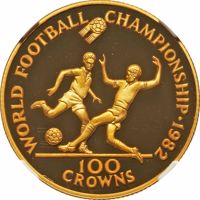 Turks and Caicos Islands coin 100 Crowns - Elizabeth II - World Soccer Championship (1982) reverse reverse of 100 Crowns - Elizabeth II - World Soccer Championship (1982) coin with KM# 59 from Turks and Caicos Islands. Inscription: WORLD FOOTBALL CHAMPIONSHIP·1982 100 CROWNS